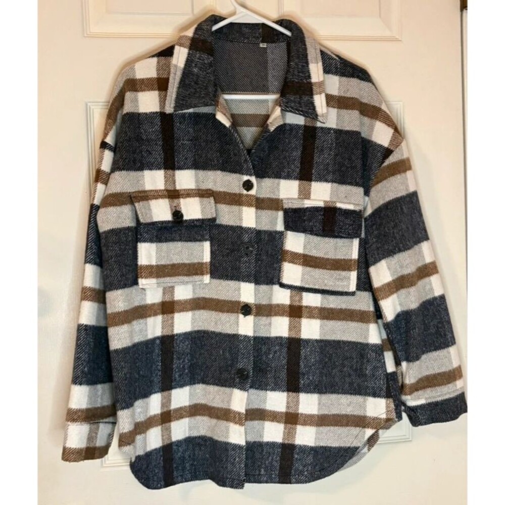 Shacket Blue White Brown Plaid Size M